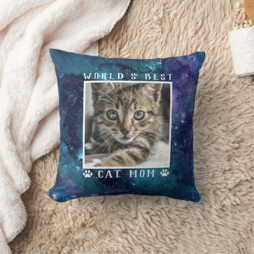 Worlds Best Cat Mom Paw Prints Pet Photo Space Throw Pillow