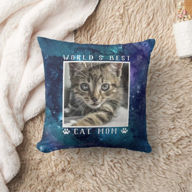 World's Best Cat Mom Paw Prints Pet Photo Space Throw Pillow (Blanket)