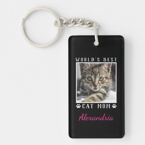 Worlds Best Cat Mom Paw Prints Photo Frame Black Keychain