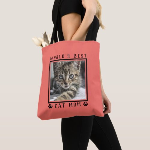 Worlds Best Cat Mom Paw Prints Photo Frame Coral Tote Bag