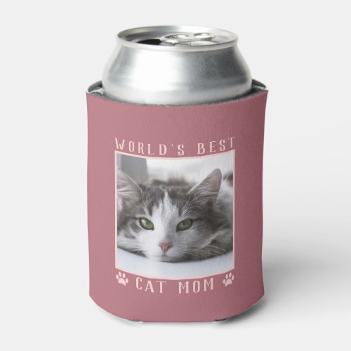 Worlds Best Cat Mom Paw Prints Photo Rose Gold Can Cooler