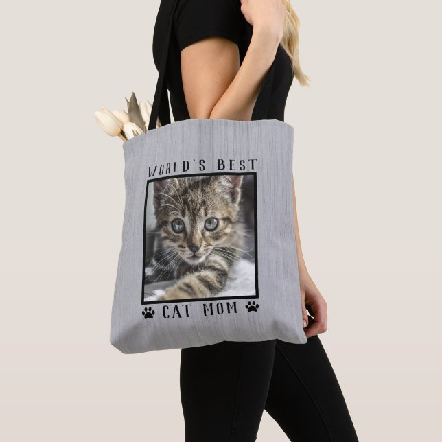 World's Best Cat Mom Paw Prints Photo Rustic Tote Bag (Close Up)