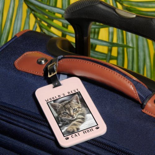 Worlds Best Cat Mom Paw Prints Pink Photo Luggage Tag