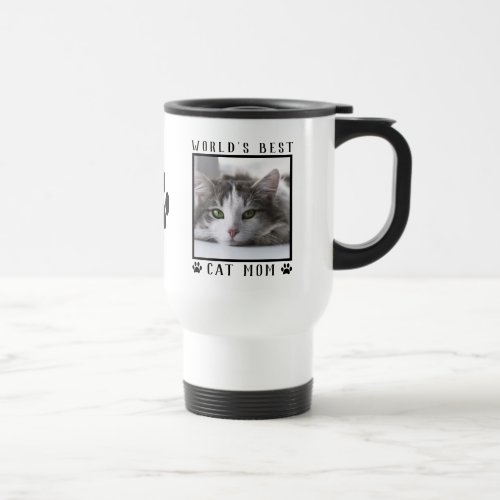 Worlds Best Cat Mom Paw Prints w Name Pet Photo Travel Mug