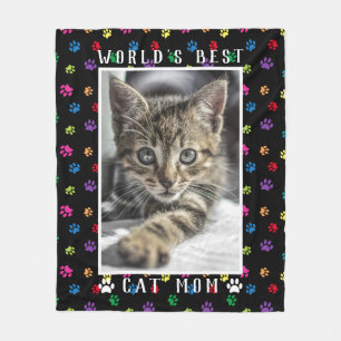 World's Best Cat Mom Pet Photo Colorful Paw Prints Fleece Blanket