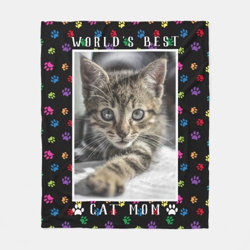 Worlds Best Cat Mom Pet Photo Colorful Paw Prints Fleece Blanket