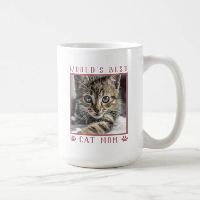 World's Best Cat Mom Pet Photo Pink Paw Prints Coffee Mug (Right)