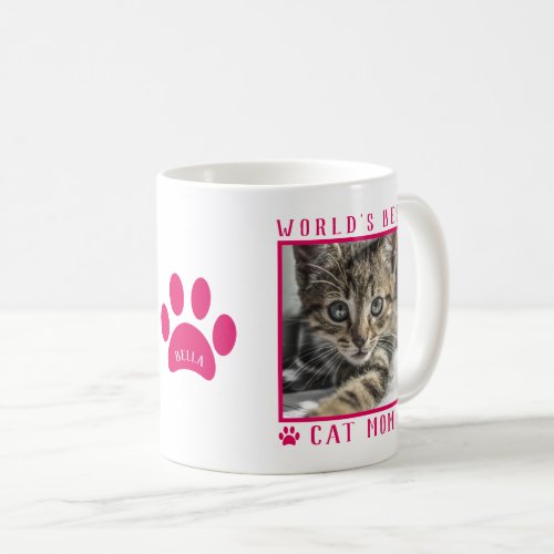 Worlds Best Cat Mom Photo Name Paw Print Hot Pink Coffee Mug