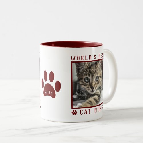 Worlds Best Cat Mom Photo Name Paw Prints Maroon Two_Tone Coffee Mug