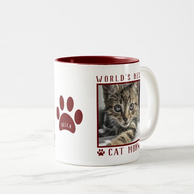 World's Best Cat Mom Photo Name Paw Prints Maroon Two-Tone Coffee Mug (Front Right)