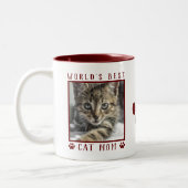 World's Best Cat Mom Photo Name Paw Prints Maroon Two-Tone Coffee Mug (Left)