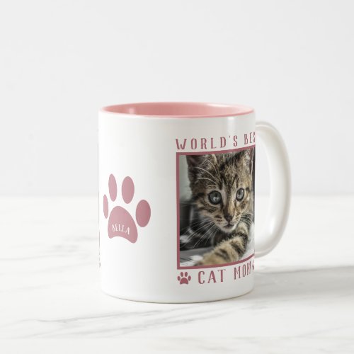Worlds Best Cat Mom Photo Name Paw Prints Pink Two_Tone Coffee Mug