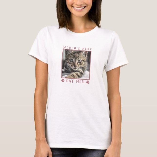 World's Best Cat Mom Pink Paw Prints Pet Photo T-Shirt (Front)