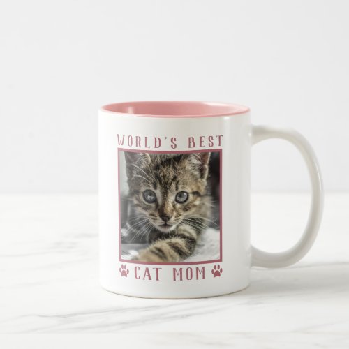 Worlds Best Cat Mom Pink Paw Prints Pet Photo Two_Tone Coffee Mug