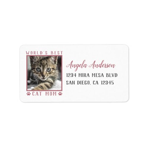 Worlds Best Cat Mom Pink Paw Prints Photo Address Label