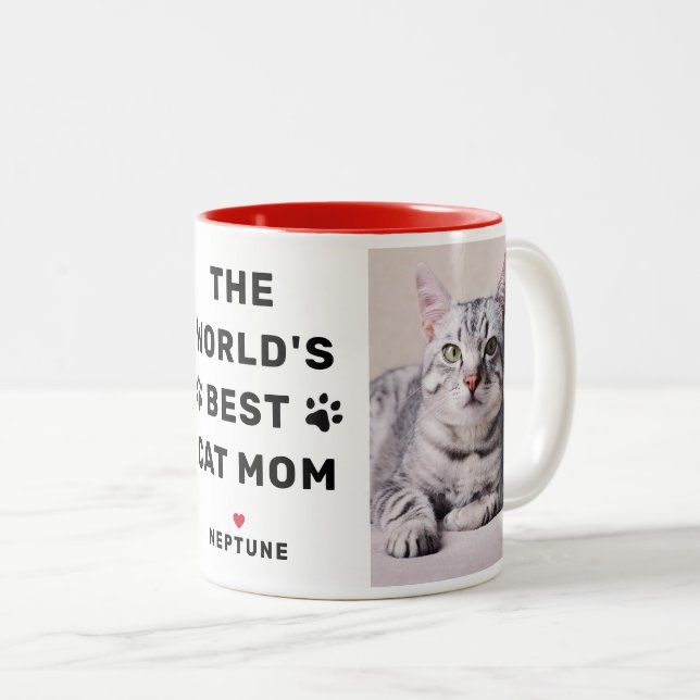 Worlds Best Cat Mom Red Photo Paw Print Two-Tone Coffee Mug (Front Right)