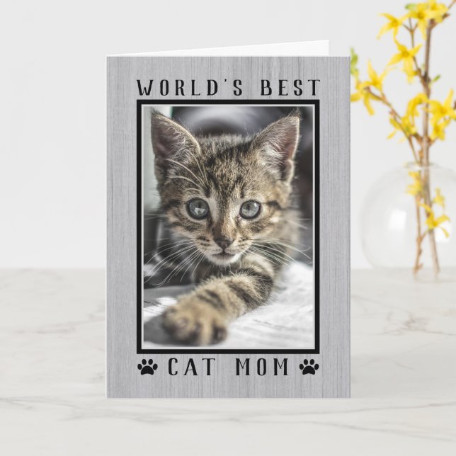 World's Best Cat Mom Rustic Mother's Day Photo Card (Yellow Flower)