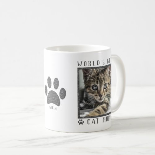 Worlds Best Cat Mom Silver Glitter Paws Pet Photo Coffee Mug