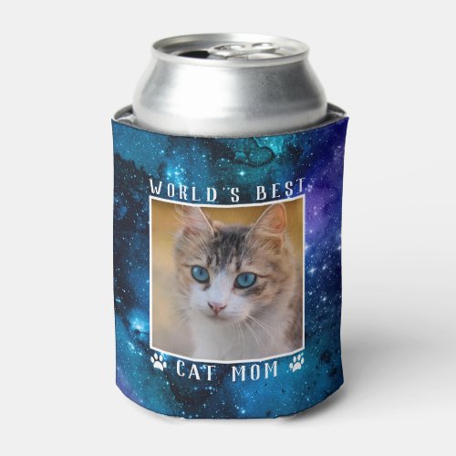 Worlds Best Cat Mom Space Paw Prints Photo Can Cooler