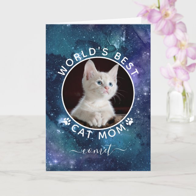 World's Best Cat Mom Space Photo Mother's Day Card (Orchid)