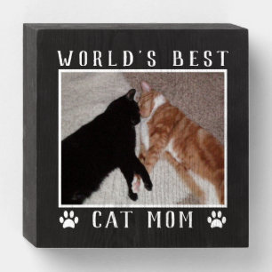 World's Best Cat Mom Your Cat's Photo Black White Wooden Box Sign