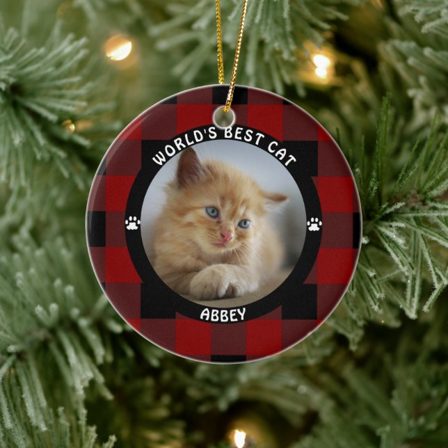 WORLDS BEST CAT Red Buffalo Check Personalized Ceramic Ornament (Tree)