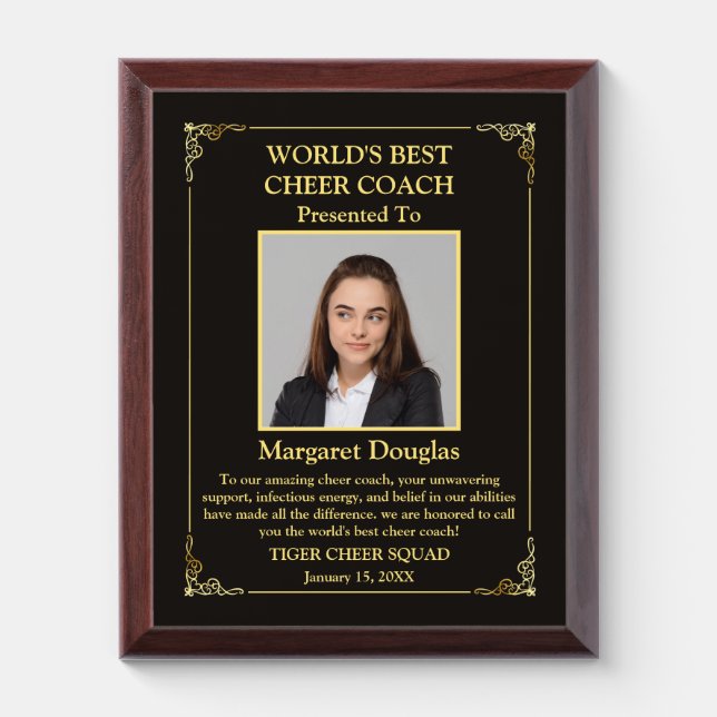 World's Best Cheer Coach Photo | Gold & Black Award Plaque (Vertical)