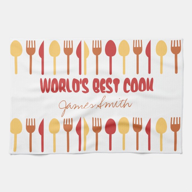 World's Best Cook Custom Name Red Orange Kitchen Towel (Horizontal)