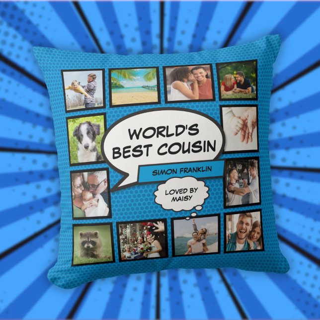 World's Best Cousin 12 Photo Collage Blue Fun Throw Pillow (World's Best Cousin 12 Photo Collage Blue Fun Throw Pillow)