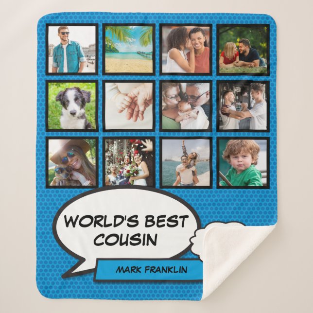Worlds Best Cousin Cool Fun Comic Photo Collage Sherpa Blanket (Front)
