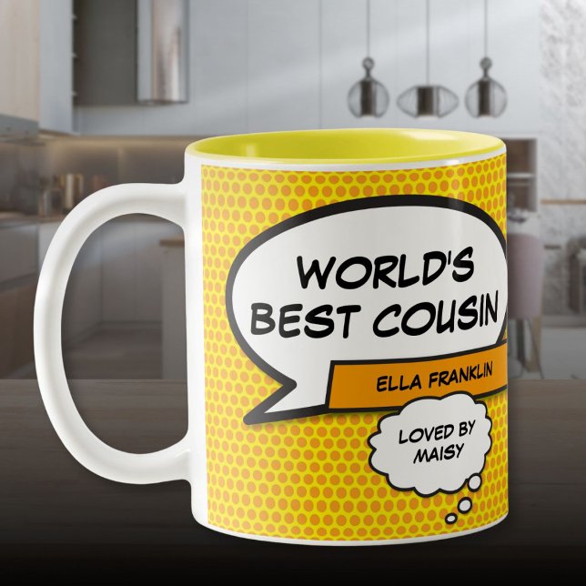 World's Best Cousin Fun Comic Book Personalized Two-Tone Coffee Mug (World's Best Cousin Fun Comic Book Personalized Two-Tone Coffee Mug)