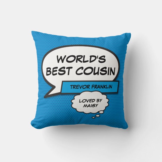 World's Best Cousin Fun Modern Comic Cool Blue Throw Pillow (Front)