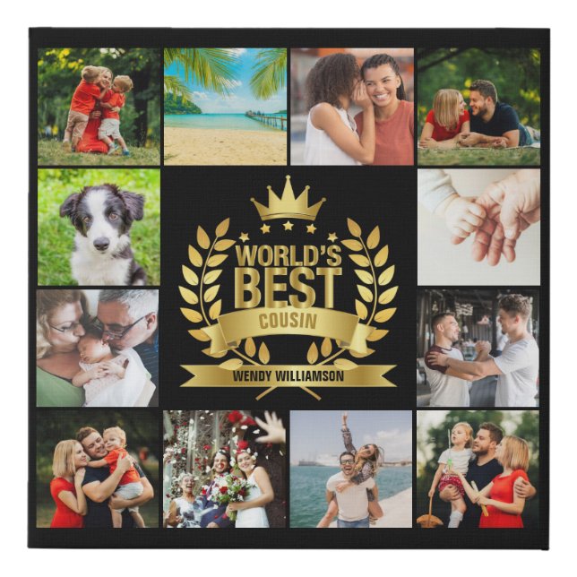 World's Best Cousin Photo Collage Black Faux Canvas Print (Front)