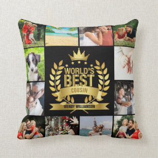 World's Best Cousin Photo Collage Gold Black Throw Pillow
