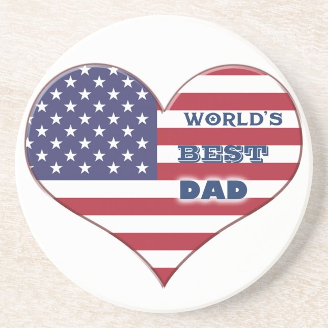 World's Best Dad American Flag Heart Sandstone Coaster (Front)