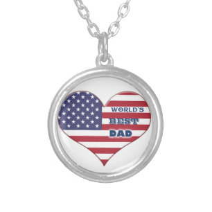 World's Best Dad American Flag Heart Silver Plated Necklace