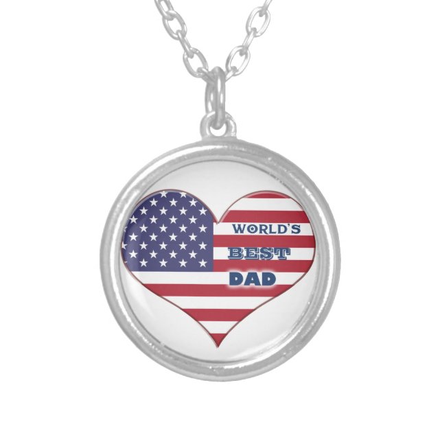 World's Best Dad American Flag Heart Silver Plated Necklace (Front)