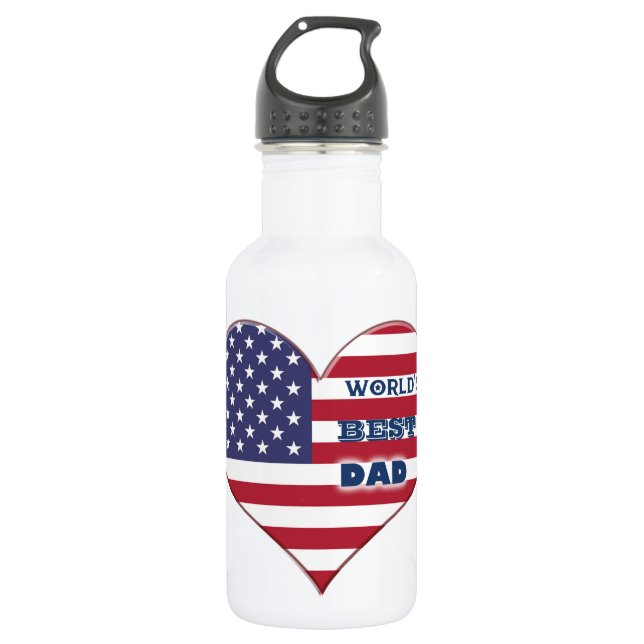 World's Best Dad American Flag Heart Water Bottle (Front)