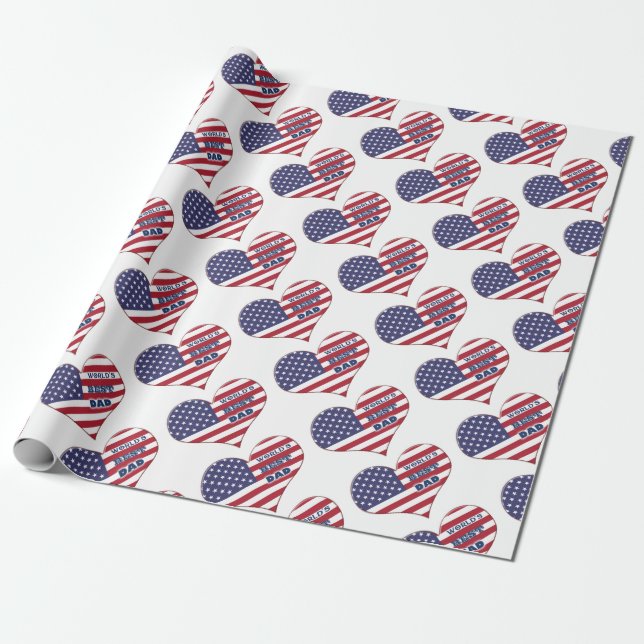 World's Best Dad American Flag Heart Wrapping Paper (Unrolled)