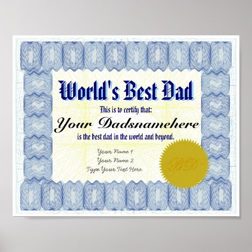 Worlds Best Dad Certificate Poster