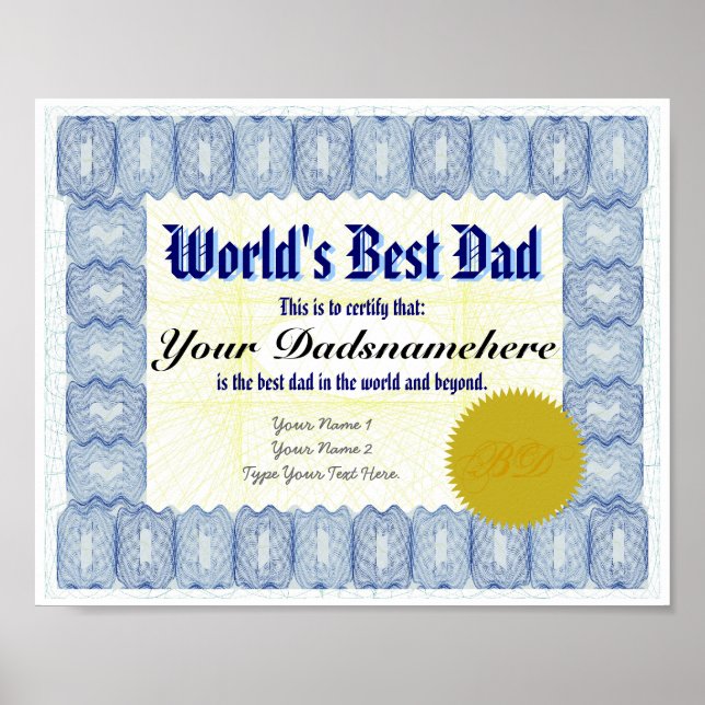 World's Best Dad Certificate Poster (Front)