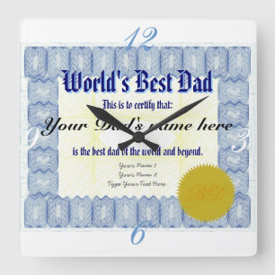 World's Best Dad Certificate Square Wall Clock