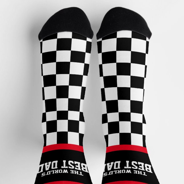 World's Best Dad checkered flag racing red black Socks (Top)