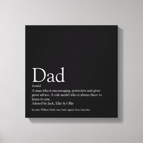 Worlds Best Dad Daddy Father Definition Fun Black Canvas Print