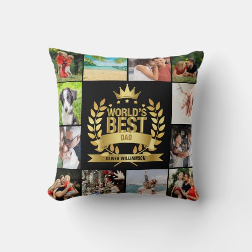 Worlds Best Dad Daddy Father Photo Collage Black Throw Pillow