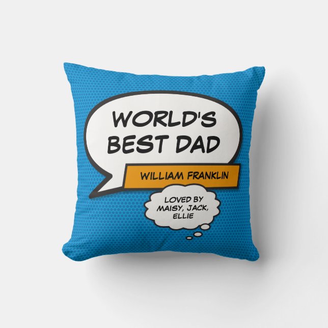 World's Best Dad, Daddy, Father Superhero Blue Fun Throw Pillow (Front)