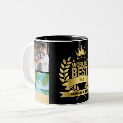 Worlds Best Dad Father 4Photo Collage Black Gold Two_Tone Coffee Mug