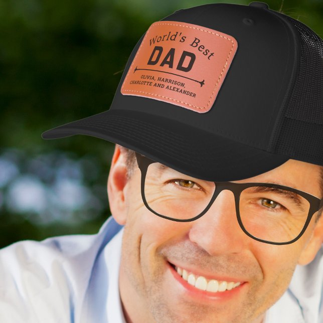World's Best Dad Personalized Father's Day Leather Patch Hat (A trucker hat for the 'World's Best Dad', personalized with the names of his kids on a leather patch)