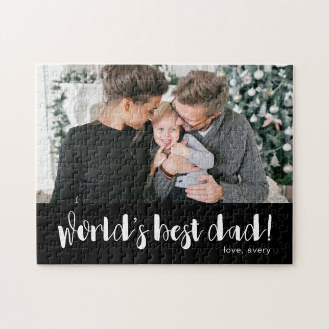 World's Best Dad Photo and Name Black and White Jigsaw Puzzle (Horizontal)