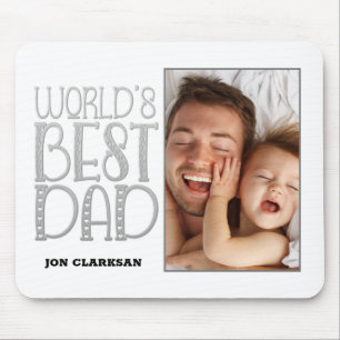 Worlds Best Dad Photo Silver Gray Typography Name Mouse Pad
